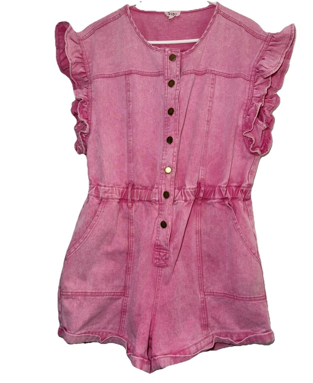 BiBi Pink Acid Wash Cotton Romper L Ruffle Sleeve Snap Front Utility Pockets